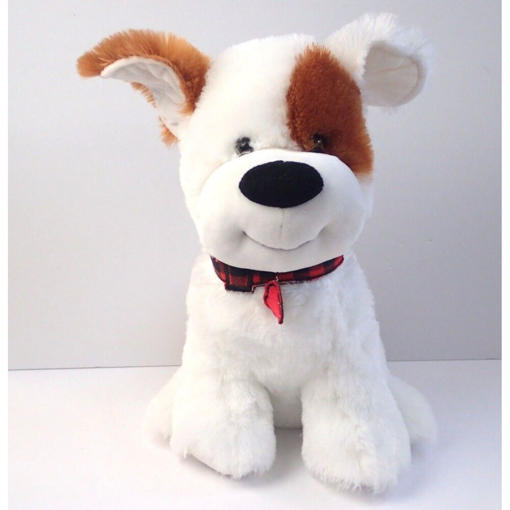 RBI Puppy Dog 14” Plush White Brown w/Red Plaid Collar by Ron Banafato Inc